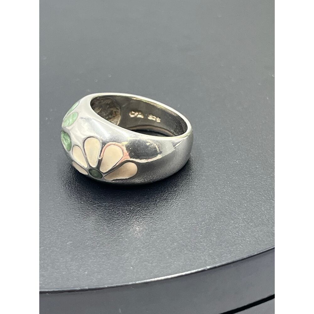 Chateau D'Argent C^A Sterling Green Cream Enamel Petal Flower Dome Ring sz 8.25 - Picture 7 of 10